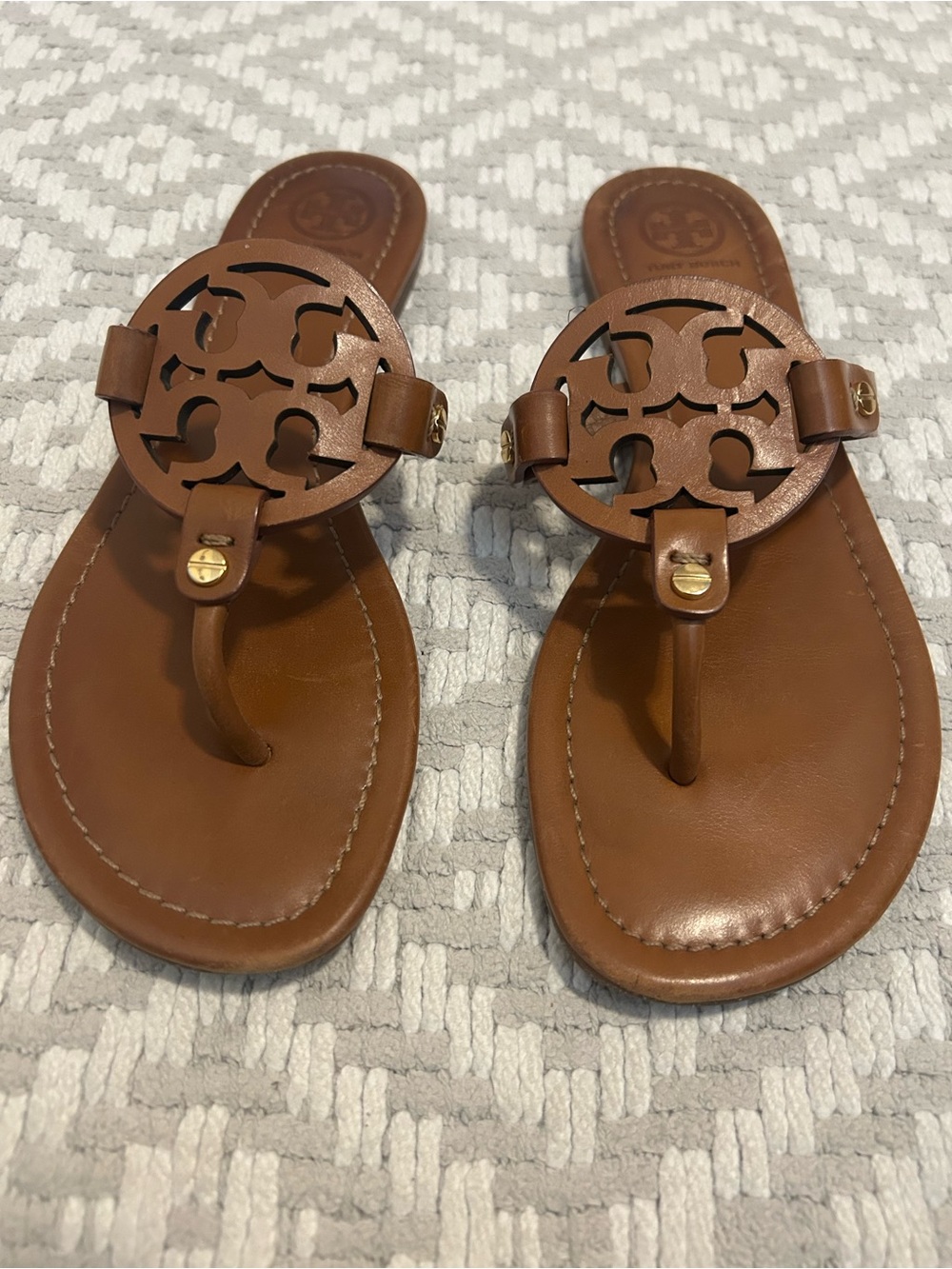 Tory Burch Tan Leather Logo Thong Sandals